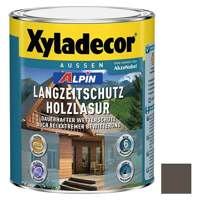 Xyladecor Langzeitschutz-Holzlasur Alpin - Palisander, 1 l, Seidenglänzend, Lösemittelbasiert