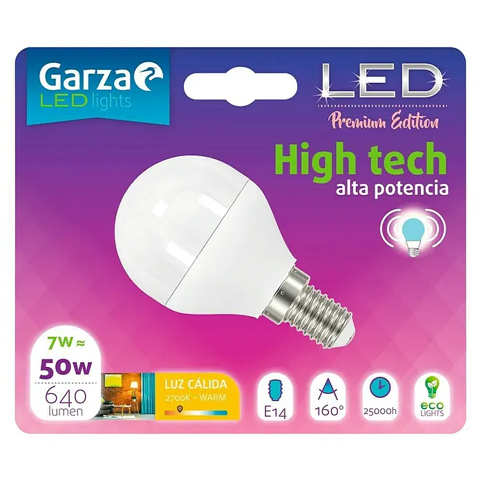 Garza Bombilla LED - 7 W, E14, Color de luz: Blanco cálido, No regulable, Redonda
