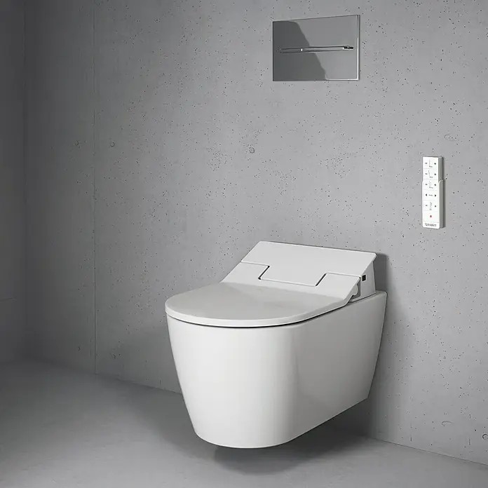 Duravit ME by Starck Wand-WC Typ 1 - Mit Spülrand, Ohne Spezialglasur, Spülform: Tief, WC Abgang: Waagerecht, Weiß - Stimmungsaufnahme