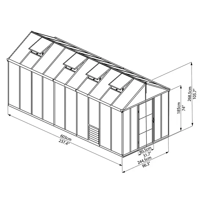Palram – Canopia Gewächshaus Glory 8x20 - 6,03 x 2,44 x 2,68 m, Glasstärke: 10 mm, Polycarbonat
