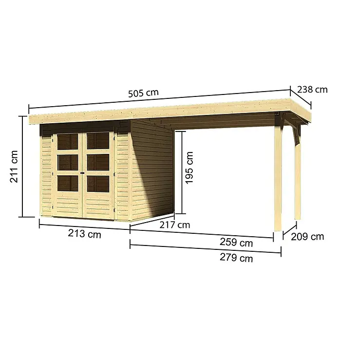 Karibu Gartenhaus Askola - L x B: 217 x 468 cm, Wandstärke: 19 mm, Flachdach, Natur, Mit Anbau - Rechte Seitenansicht