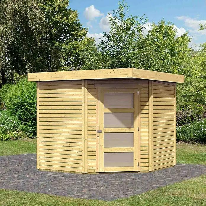 Karibu Gartenhaus Schwandorf 5 - 268 x 262 cm, Wandstärke: 19 mm, Flachdach, Natur - Linke Seitenansicht