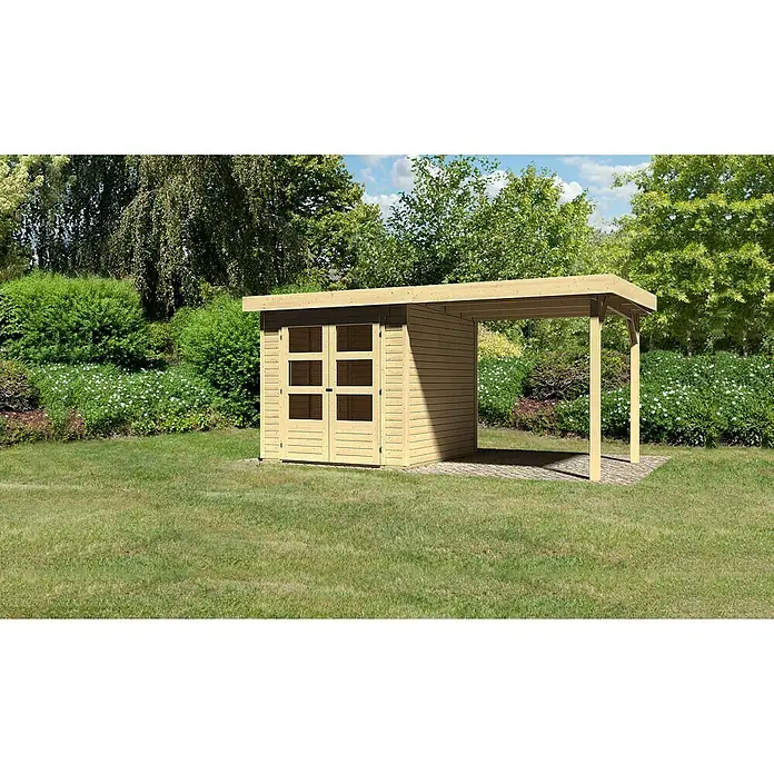 Karibu Gartenhaus Askola - L x B: 217 x 433 cm, Wandstärke: 19 mm, Flachdach, Natur, Mit Anbau - Stimmungsaufnahme