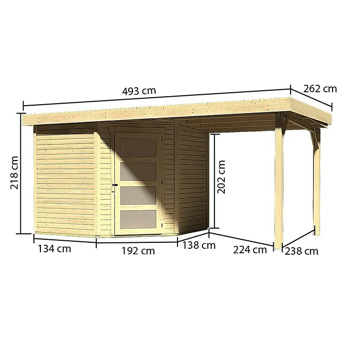 Karibu Gartenhaus Schwandorf 5 - 508 x 262 cm, Wandstärke: 19 mm, Flachdach, Ausführung: Mit Anbau, Natur - Rechte Seitenansicht