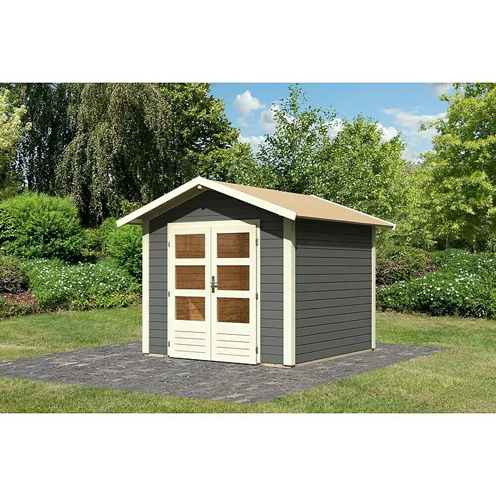 Karibu Gartenhaus Talkau 4 - 274 x 270 cm, Wandstärke: 28 mm, Satteldach, Grau - Stimmungsaufnahme