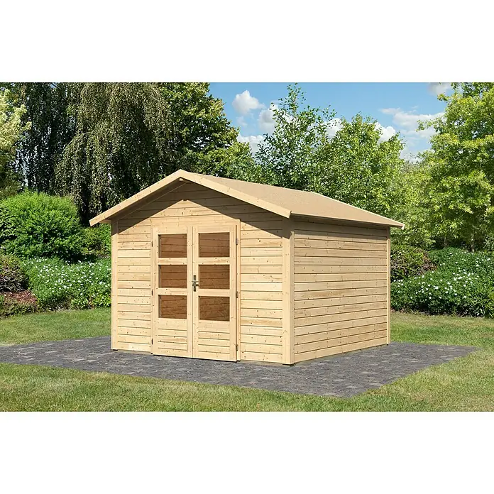 Karibu Gartenhaus Talkau 8 - 330 x 330 cm, Wandstärke: 28 mm, Satteldach, Natur - Stimmungsaufnahme
