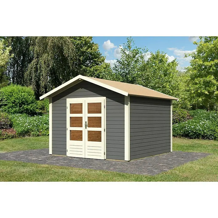 Karibu Gartenhaus Talkau 8 - 330 x 330 cm, Wandstärke: 28 mm, Satteldach, Grau - Vorderansicht