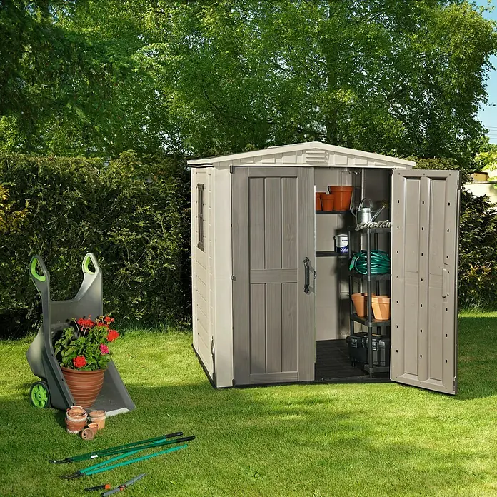 Keter Caseta para jardín Factor 6x6 - Ancho exterior incluido el voladizo del techo: 195,5 cm, Profundidad exterior incluido el voladizo del techo: 178 cm, Plástico, Taupe/Beige
