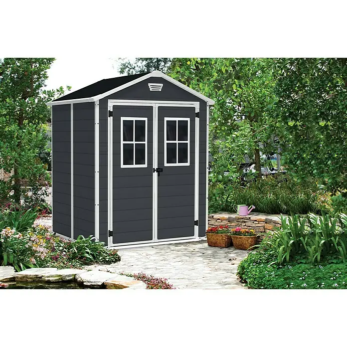 Keter Caseta para jardín Manor 6x5 - Plástico, Antracita/Blanco - Foto ambiente