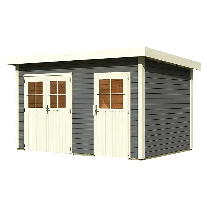 Karibu Gartenhaus Tintrup - 273 x 396 cm, Wandstärke: 28 mm, Flachdach, Terragrau, Weiß - Linke Seitenansicht
