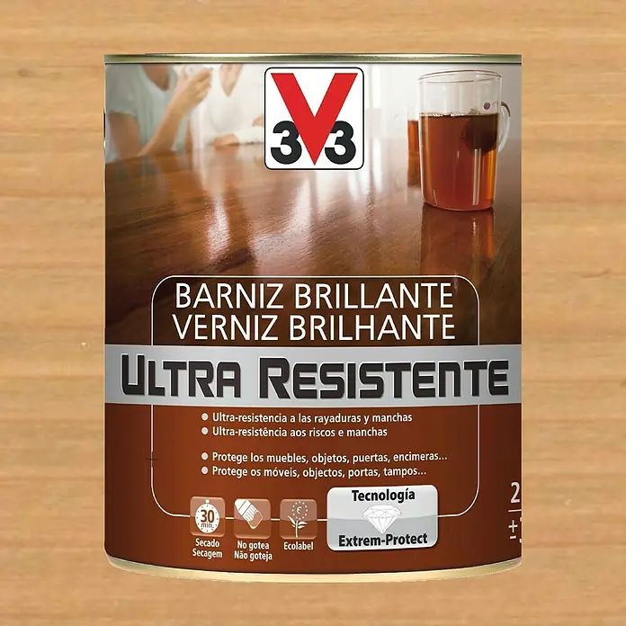 V33 Barniz para madera Brillante Ultra Resistente - Roble claro, Brillante, 750 ml