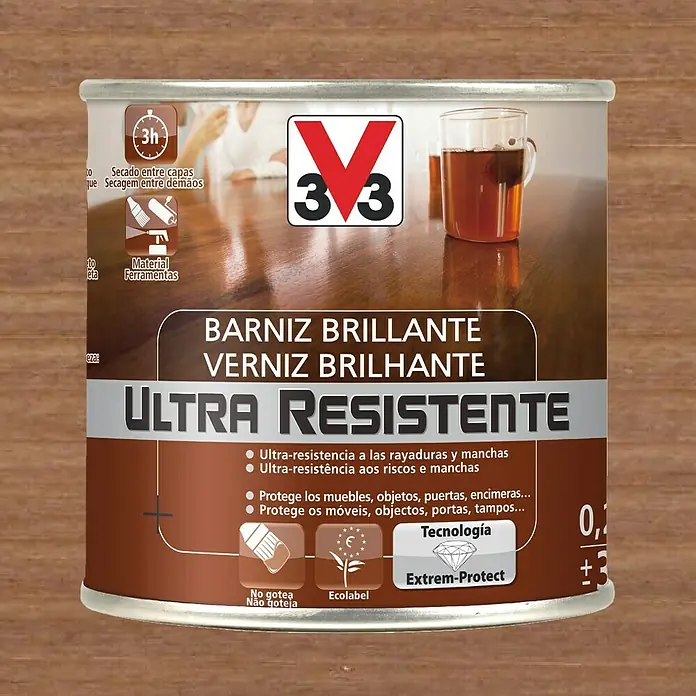 V33 Barniz para madera Brillante Ultra Resistente - Nogal, Brillante, 250 ml