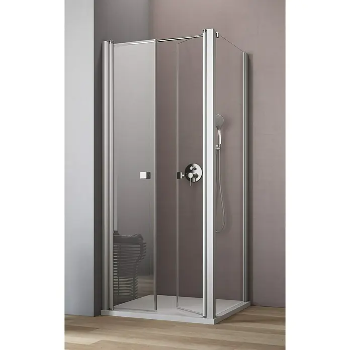 GEO Hit Eckdusche B-F110 - 100 x 80 x 202,2 cm, Unbeschichtet, DIN Anschlag: Links, Stärke: 6 mm, Silber - Vorderansicht