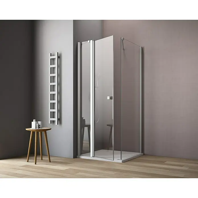 GEO Hit Eckdusche B-F200 - 120 x 80 x 202,2 cm, Unbeschichtet, DIN Anschlag: Links, Stärke: 6 mm, Silber - Vorderansicht