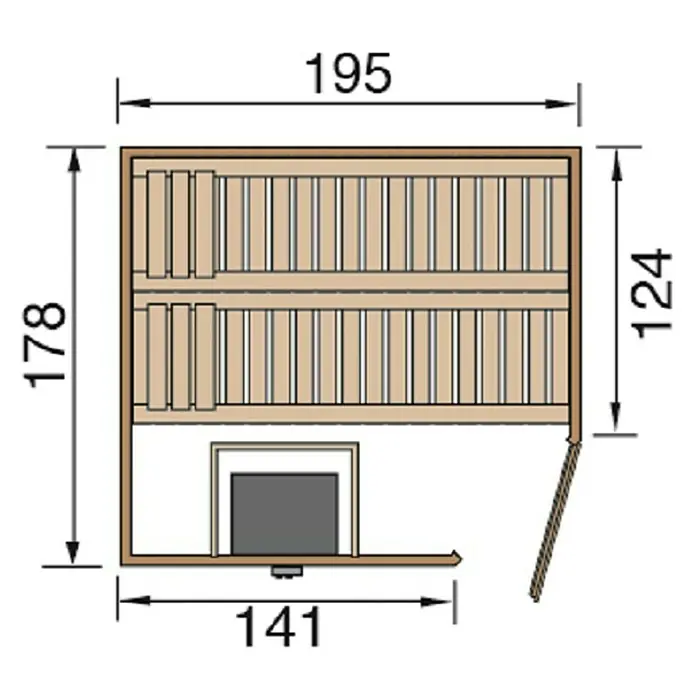Weka Massivholzsauna Turku 1 GT Sparset - Mit 7,5 kW Bio-Ofen mit externer Steuerung, Inkl. Spezial-Saunenleuchten-Set, Ohne Fenster, 178 x 195 x 205 cm - Ansicht von oben