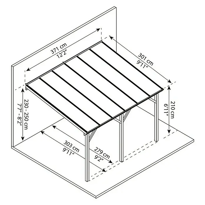 Palram – Canopia Terrassenüberdachung Juniper - Länge: 371 cm, Tiefe: 303 cm, Material Dach: Polycarbonat, Natur, Transparent