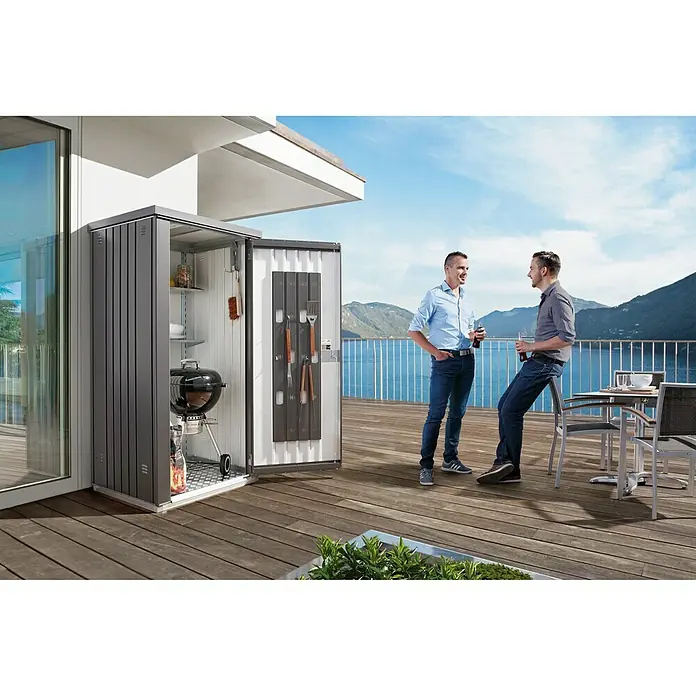 Biohort Armario de jardín 230 - Ancho exterior incluido el voladizo del techo: 227 cm, Profundidad exterior incluido el voladizo del techo: 83 cm, Acero, Plateado metálico - Foto ambiente
