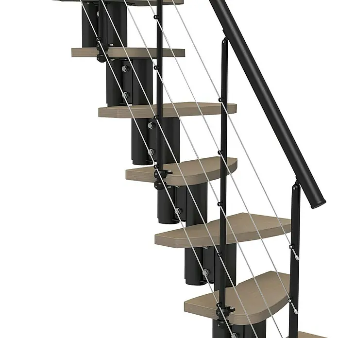 Fontanot Raumspartreppe Zen 2 Tube - Breite: 61 cm, Schwarz, Anzahl Steigungen: 13 Stk., Farbe Stufen: Birke Ulme Hell, Geschosshöhe: 250 cm - 304 cm - Linke Seitenansicht