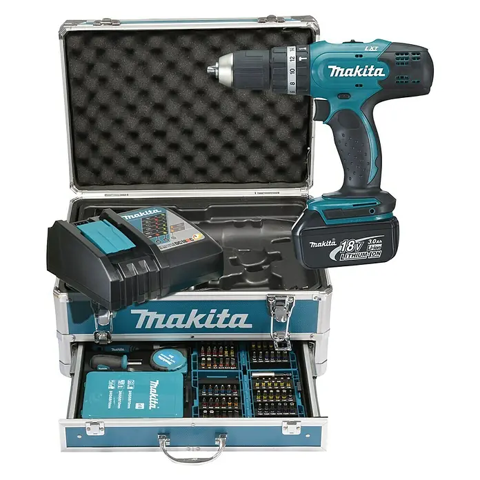Makita Akku-Schlagbohrschrauber DHP453RFX2 - 18 V, 2 Akkus, 3 Ah - Vorderansicht