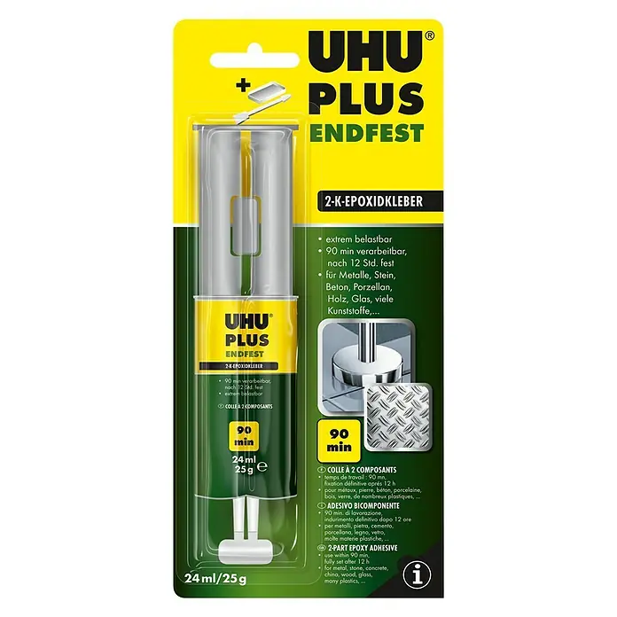 UHU plus endfest 2K-Epoxidharzkleber Doppelkammerspritze - 25 g, Transparent (getrocknet), Lösemittelfrei, Epoxidharzbasis - Draufsicht