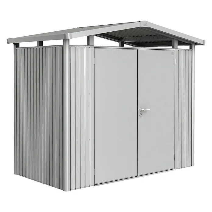 Biohort Gerätehaus Panorama - Außenbreite inkl. Dachüberstand: 273 cm, Außentiefe inkl. Dachüberstand: 158 cm, Stahl, Silber Metallic, Doppeltür - Vorderansicht