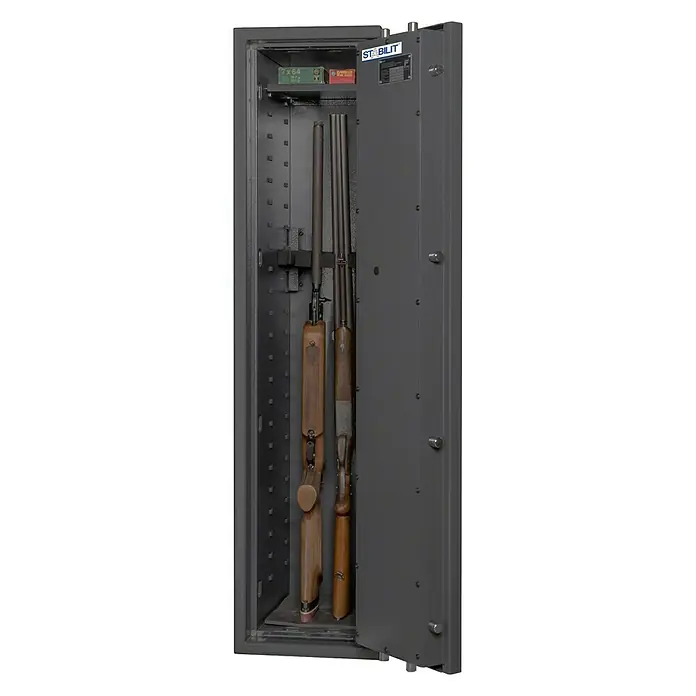 Stabilit Waffenschrank Country 204 E - Geeignet für: Gemeinsame Aufbewahrung von Waffen und Munition, Einstellhöhe: 1.240 mm, Zahlenschloss elektronisch, Halterungen: 4 - Anwendungsbeispiel