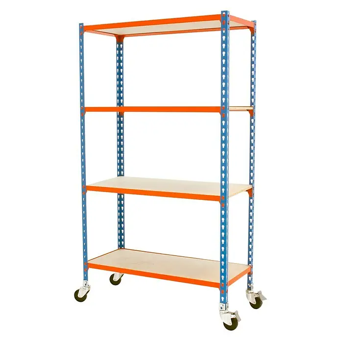 Simonrack Maderclick Estantería metálica Mobile Plus - L x An x Al: 30 x 100 x 150 cm, Capacidad de carga: 150 kg/balda, Número de baldas: 4 ud., Azul/Naranja