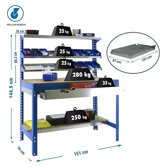 Simonrack Simonwork Banco de trabajo BT1 Box - L x An x Al: 76 x 151 x 144,5 cm, Número de cajones: 1 ud., Azul