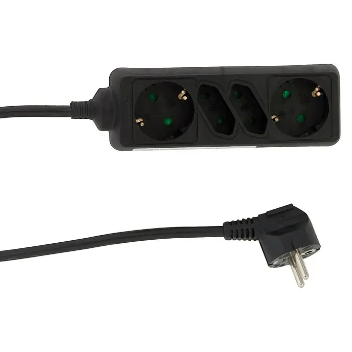 Produžni kabel s utičnicama - Broj šuko utičnica: 2 Kom., Crne boje, 1,4 m, 3.500 W - Pogled sprijeda