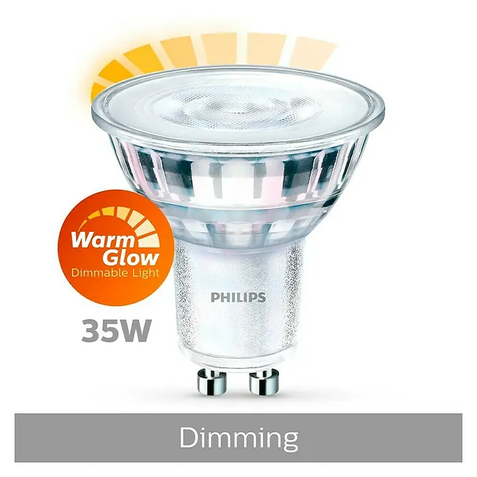 Philips Bombilla LED - 4 W, GU10, Color de luz: Blanco cálido, Intensidad regulable, Redonda