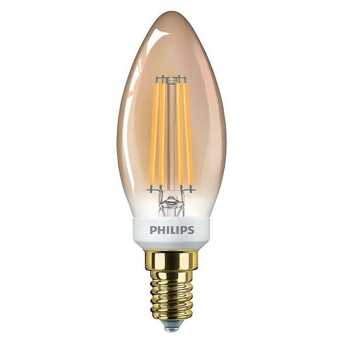 Philips Bombilla LED Vintage Gold Vela - 5 W, E14, Color de luz: Blanco cálido, Intensidad regulable, Vela