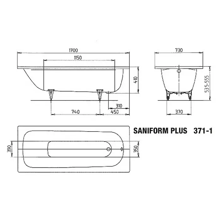 Kaldewei Badewanne Saniform Plus 371-1 - 170 x 73 cm, Stahl-Email, Alpinweiß - Skizze