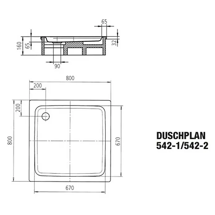 Kaldewei Duschwanne Duschplan 542-2 - L x B: 80 x 80 cm, Stahl, Weiß, Polystyrolträger - Skizze