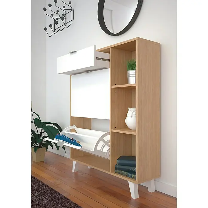 Zapatero Nordic - L x An x Al: 25 x 90 x 115 cm, Blanco, Marrón