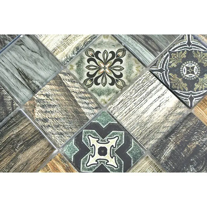 Mosaikfliese Quadrat Crystal XCM WOOD 500 - 30 x 30 cm, Grün/Braun, Glänzend - Detailaufnahme