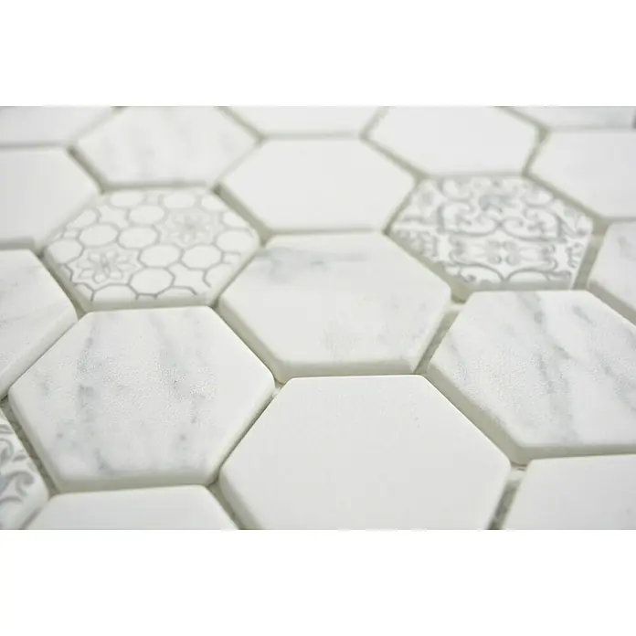 Mosaikfliese Hexagon Mix EMILY HX65 - 32,4 x 28 cm, Grau/Weiß, Matt - Detailaufnahme
