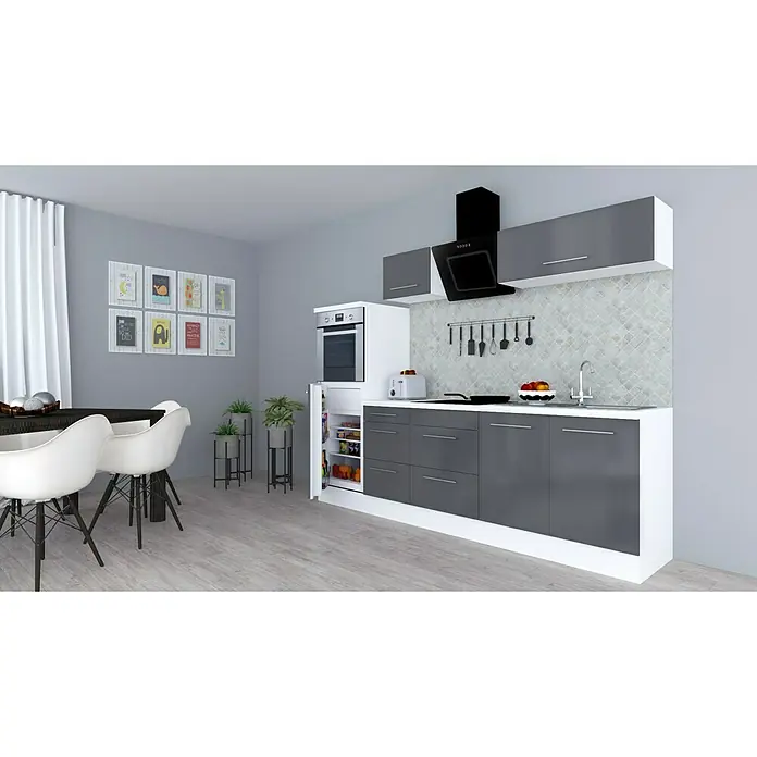 Respekta Premium Küchenzeile RP270HWGBO - Breite: 270 cm, Mit Elektrogeräten, Grau Hochglanz - Stimmungsaufnahme