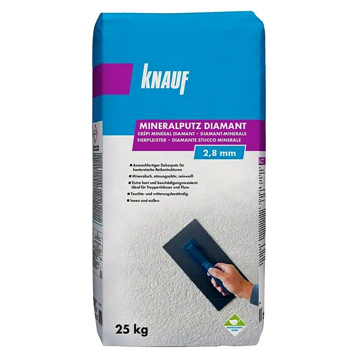 Knauf Mineral-Reibeputz Diamant - Reinweiß, 25 kg, Korngröße: 2,8 mm - Vorderansicht