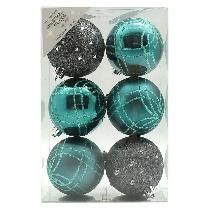 Christbaumkugel-Mix Grey Emerald - Grau, Türkis, Kunststoff, Durchmesser: 8 cm, 6 Stk. - Vorderansicht