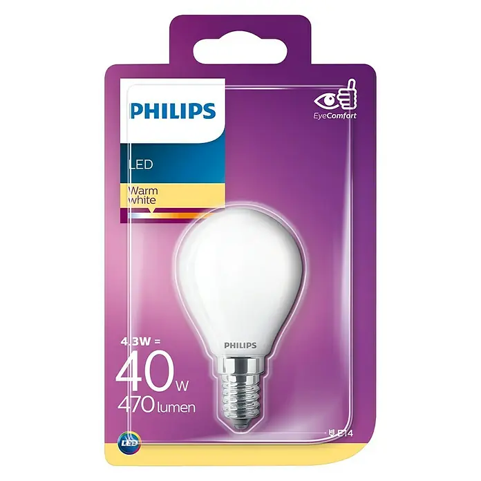 Philips Bombilla LED - 4,3 W, E14, Color de luz: Blanco cálido, No regulable, Redonda