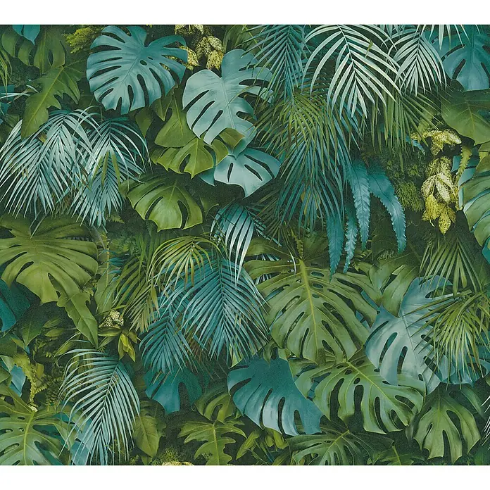 AS Creation Greenery Vliestapete Dschungelblätter - Blau/Grün, Floral, 10,05 x 0,53 m - Detailaufnahme