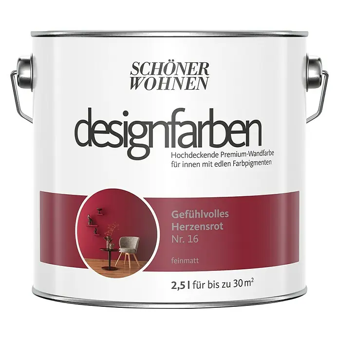 SCHÖNER WOHNEN-Farbe Wandfarbe Designfarbe - Gefühlvolles Herzensrot, 2,5 l, Matt - Vorderansicht