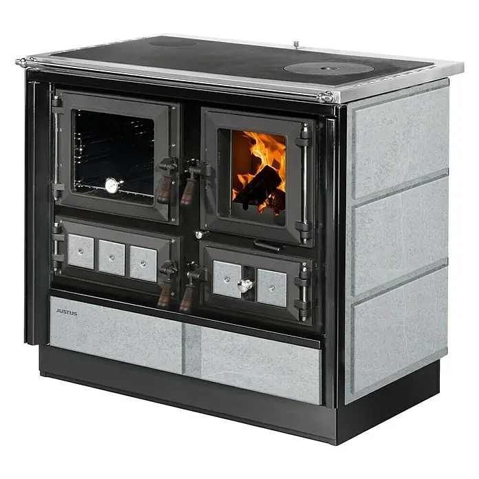 Justus Kaminofen Rustico - 7 kW, Raumheizvermögen: 144 m³, Verkleidung: Stahl, Speckstein - Stimmungsaufnahme