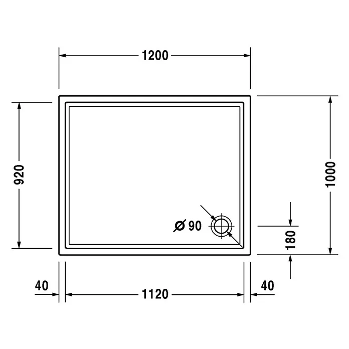 Duravit Duschwanne Starck Slimline - L x B: 120 x 100 cm, Kunststoff, Weiß, Ohne Antirutsch-Oberfläche - Skizze