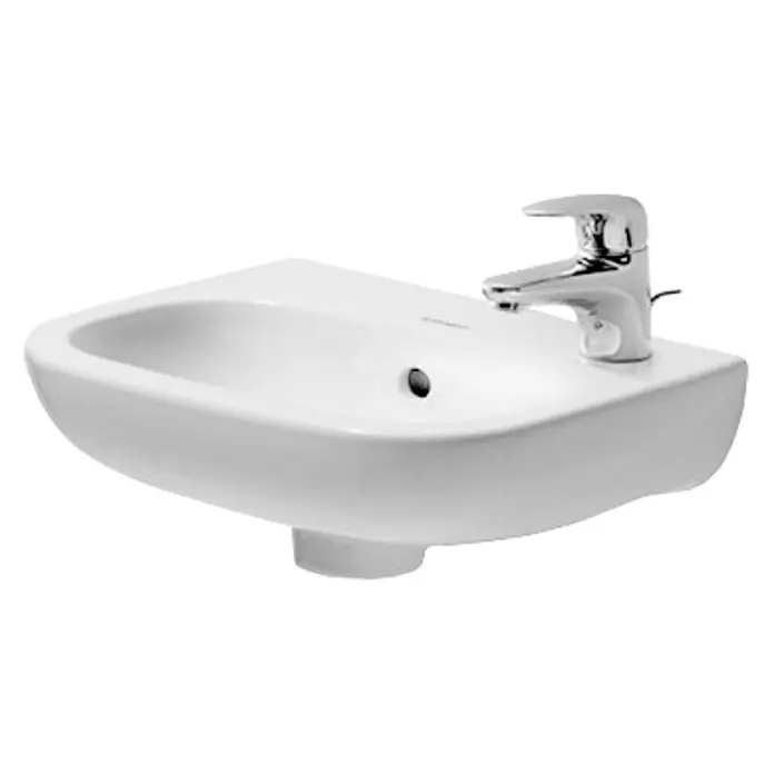 Duravit D-Code Waschbecken - 36 x 27 cm, Ohne Spezialglasur, Hahnloch: Rechts, Mit Überlauf, Weiß - Vorderansicht