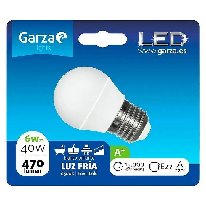 Garza Bombilla LED - E27, 6 W, Blanco frío, 470 lm