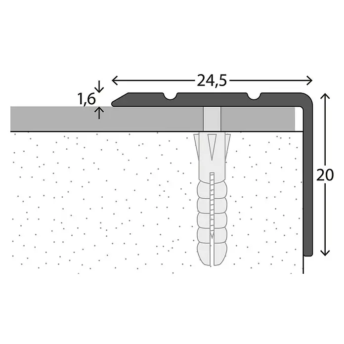 LOGOCLIC Hoekprofiel 162 - Mat rvs, 1 m x 24,5 mm x 20 mm, Montagemethode: Schroeven - Close-up