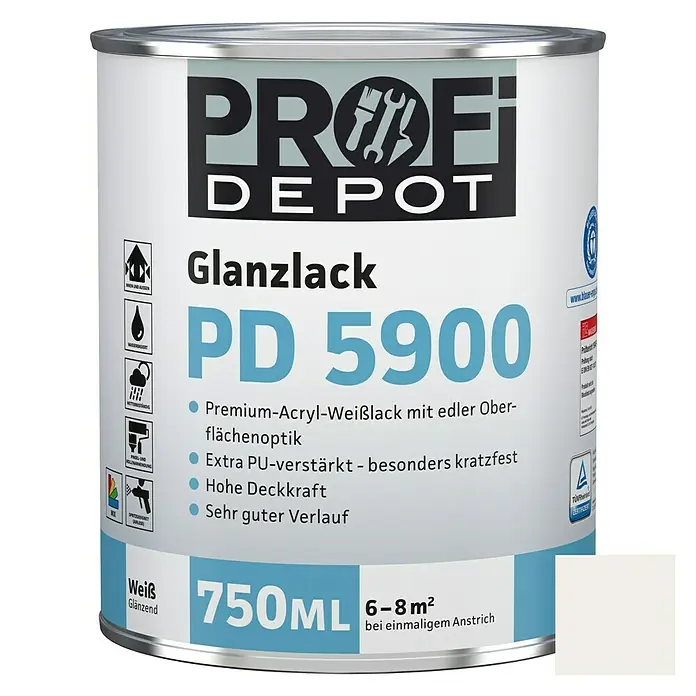 Profi Depot PD Acryllack Glanzlack PD 5900 - Weiß, 750 ml, Glänzend - Vorderansicht