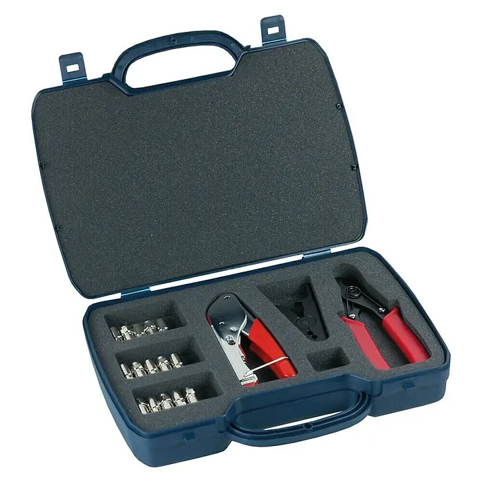Schwaiger Montage-Set für F-Verpressstecker - 18-teilig im Plastikkoffer - Vorderansicht