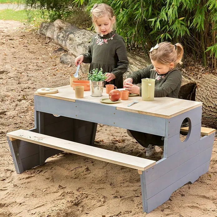 Muddy Buddy Kinder-Sitzgruppen-Set Creator - L x B x H: 100 x 90 x 50 cm, Holz, Natur/Wolkengrau - Stimmungsaufnahme